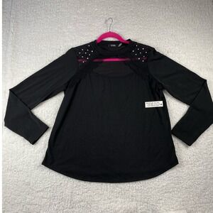 NWT Women's L Black Long Sleeve Mock Neck Cutout Lace Pearl Blouse